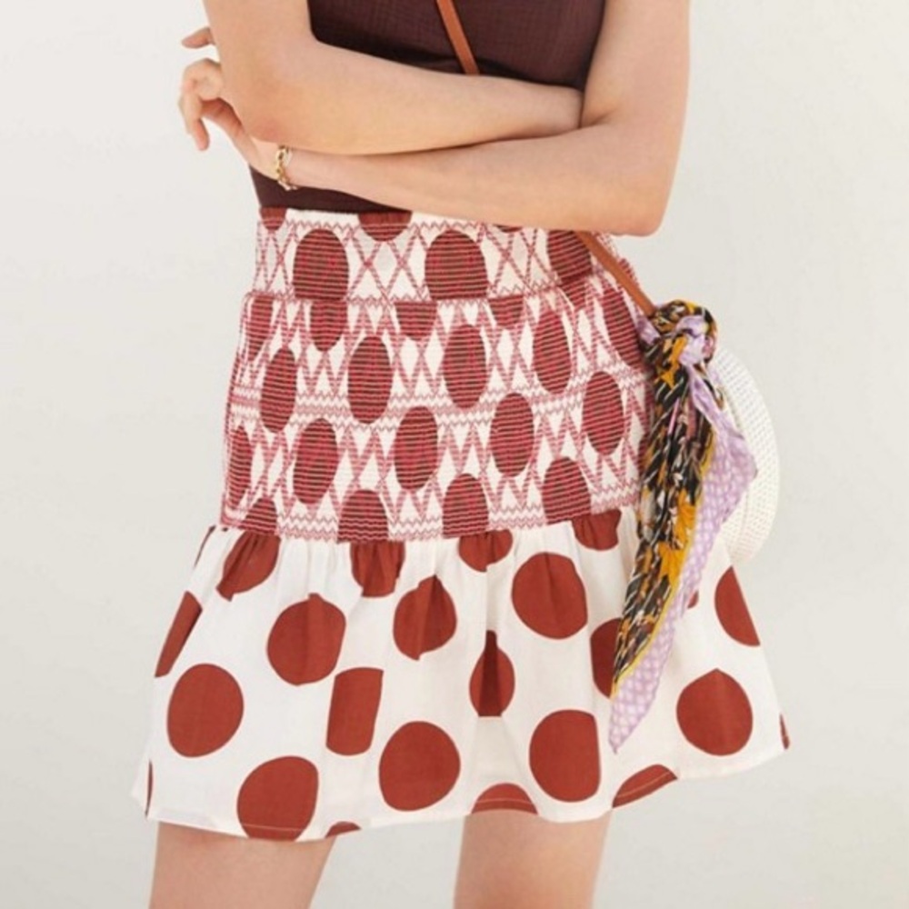 Anthropologie Cotton MAEVE Polka Dot Smocked Tiered Ruffle Whimsical Mini Skirt